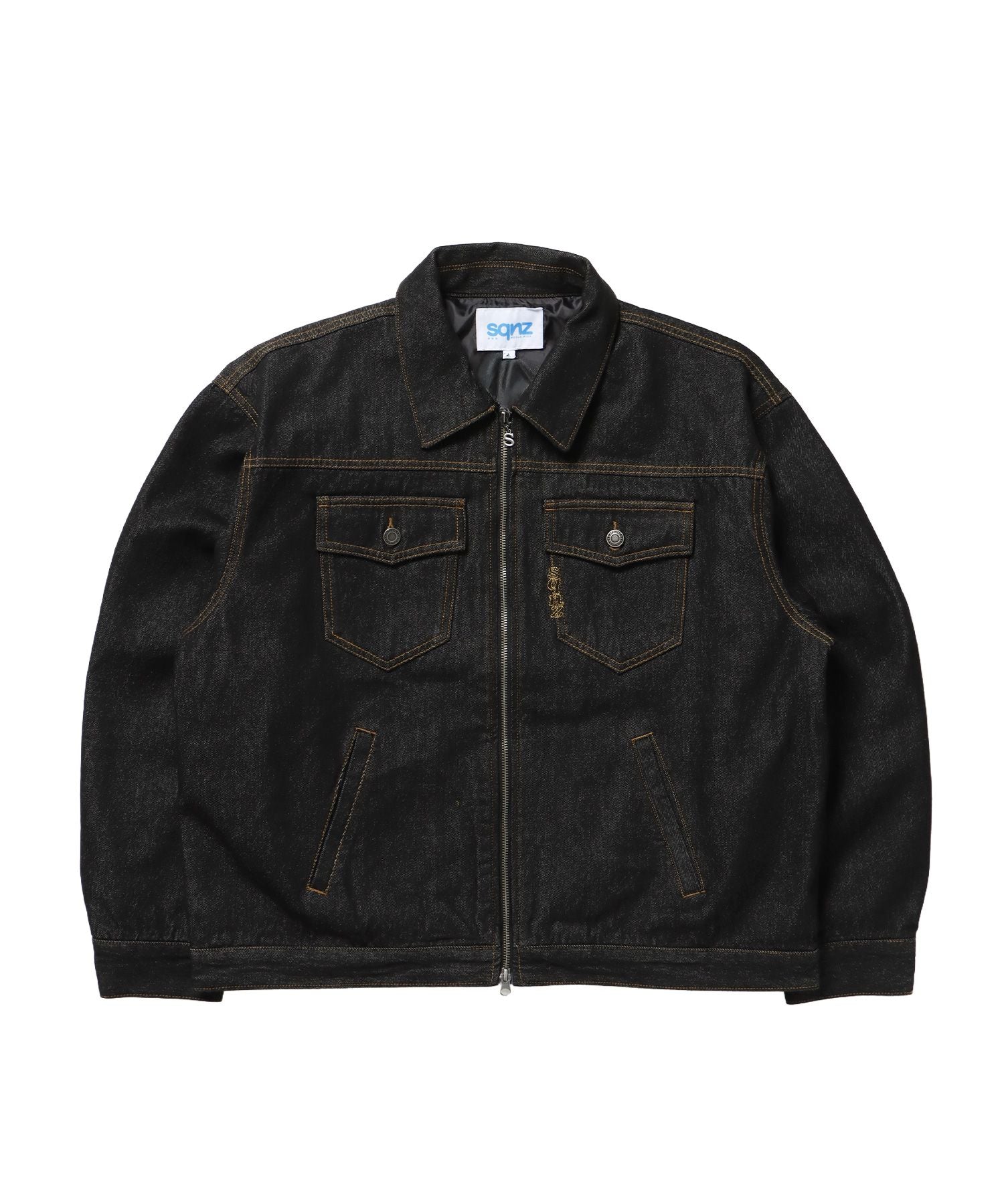 【sqnz(エスキュンズ)】リジッドデニムジャケット / デニム リジッド ジャケット 刺繍 レザーパッチ ダブルジップ 短丈 ブラック