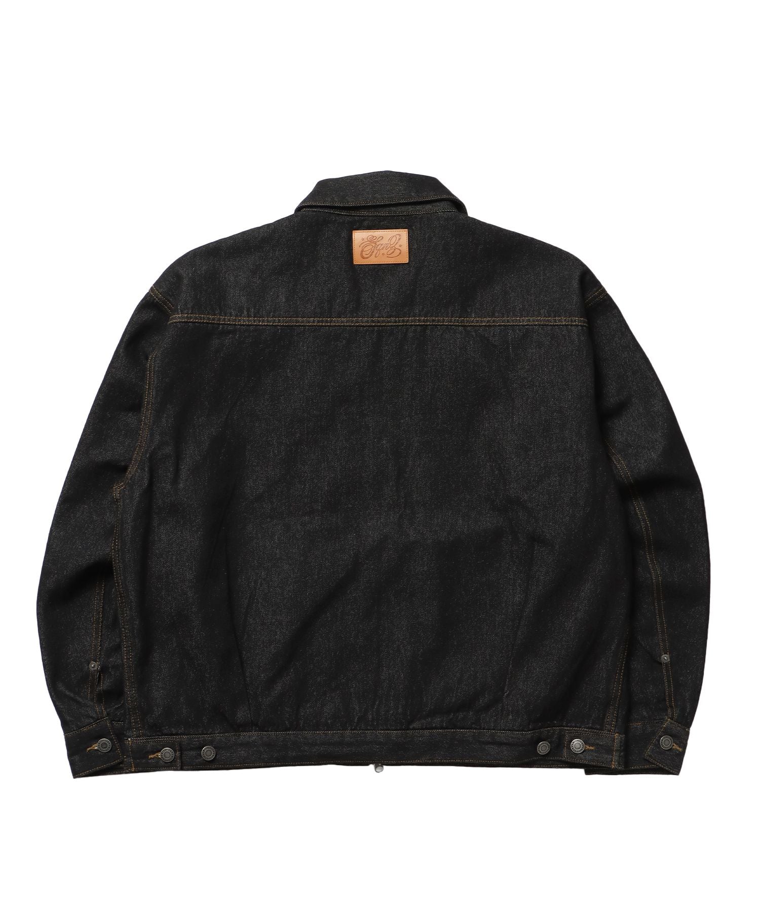 sqnz double pocket zip denim / デニム リジッド ジャケット 刺繍 レザーパッチ ダブルジップ 短丈 ブラック