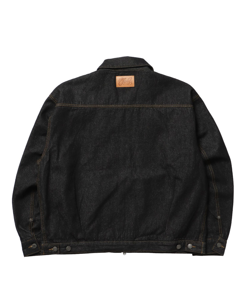 sqnz double pocket zip denim / デニム リジッド ジャケット 刺繍 レザーパッチ ダブルジップ 短丈 ブラック