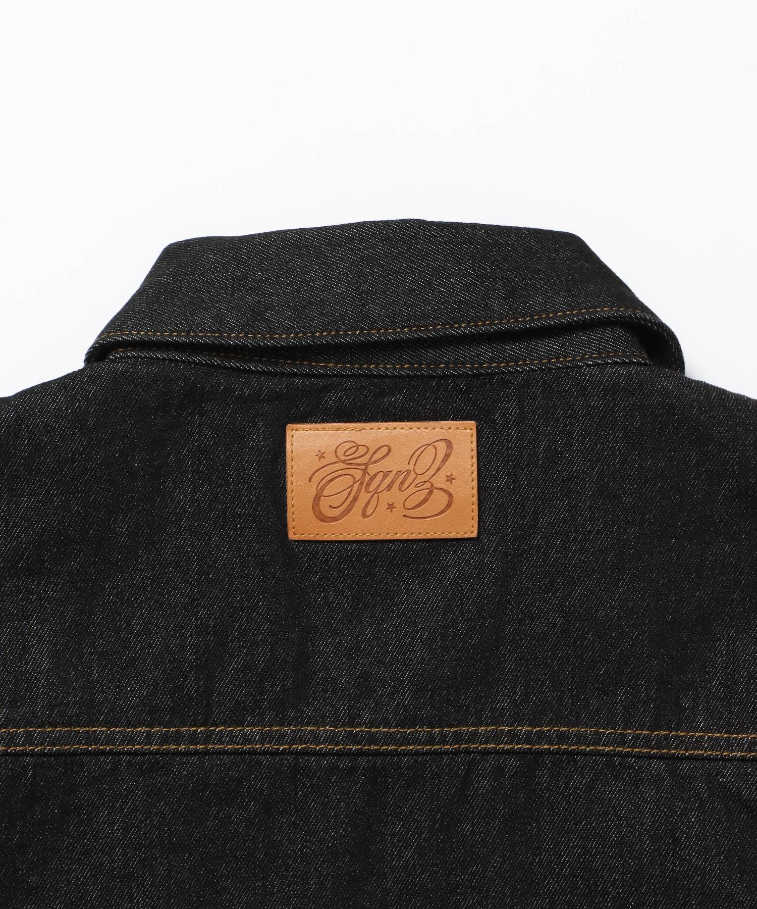 sqnz double pocket zip denim / デニム リジッド ジャケット 刺繍 レザーパッチ ダブルジップ 短丈 ブラック