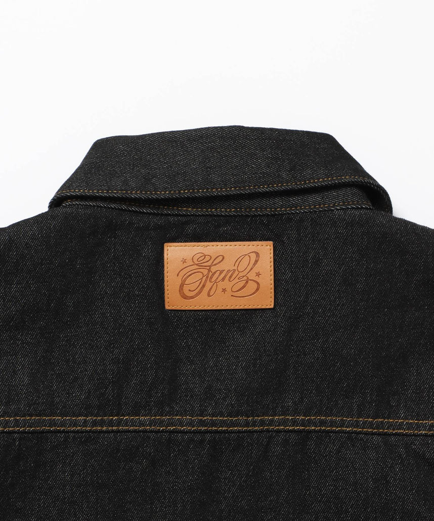 sqnz double pocket zip denim / デニム リジッド ジャケット 刺繍 レザーパッチ ダブルジップ 短丈 ブラック