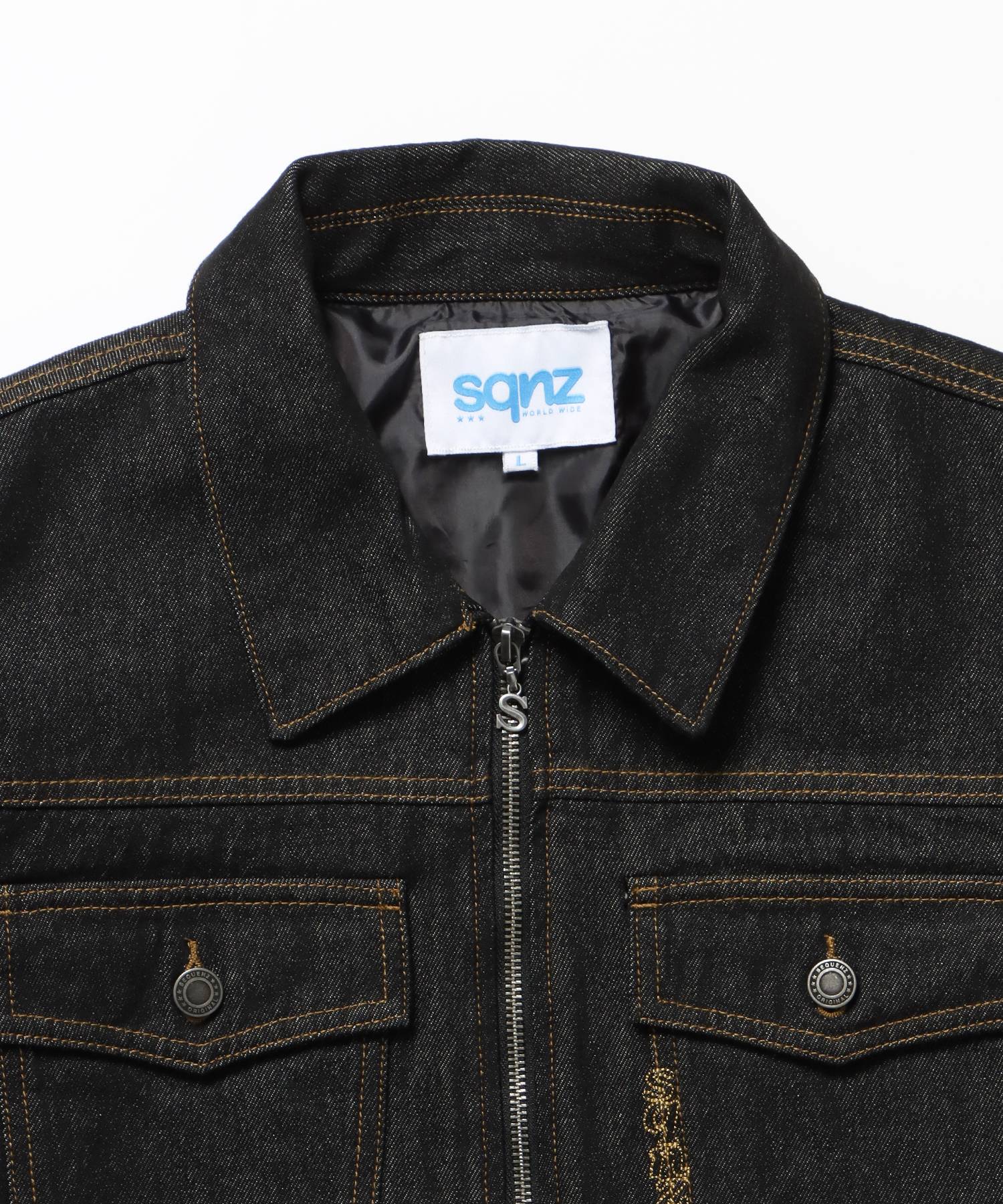 sqnz double pocket zip denim / デニム リジッド ジャケット 刺繍 レザーパッチ ダブルジップ 短丈 ブラック