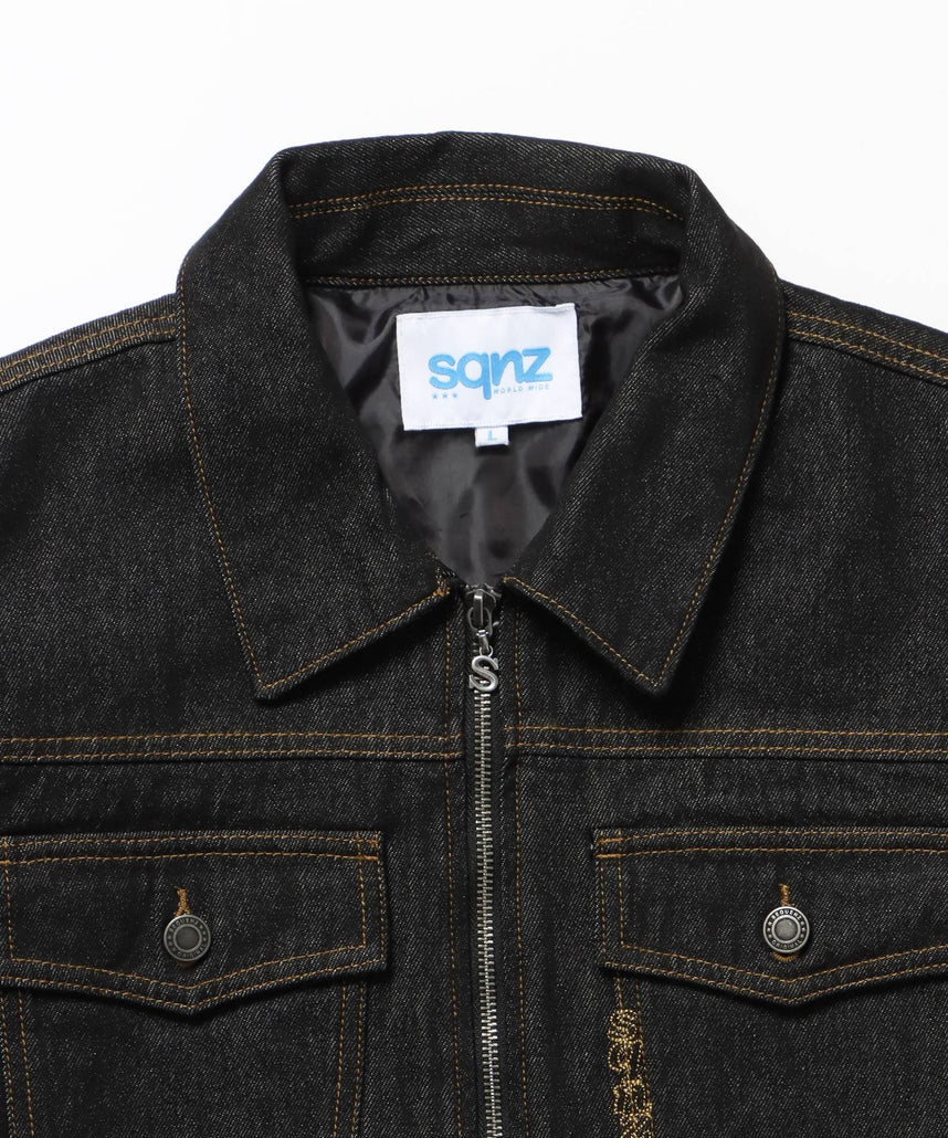 sqnz double pocket zip denim / デニム リジッド ジャケット 刺繍 レザーパッチ ダブルジップ 短丈 ブラック