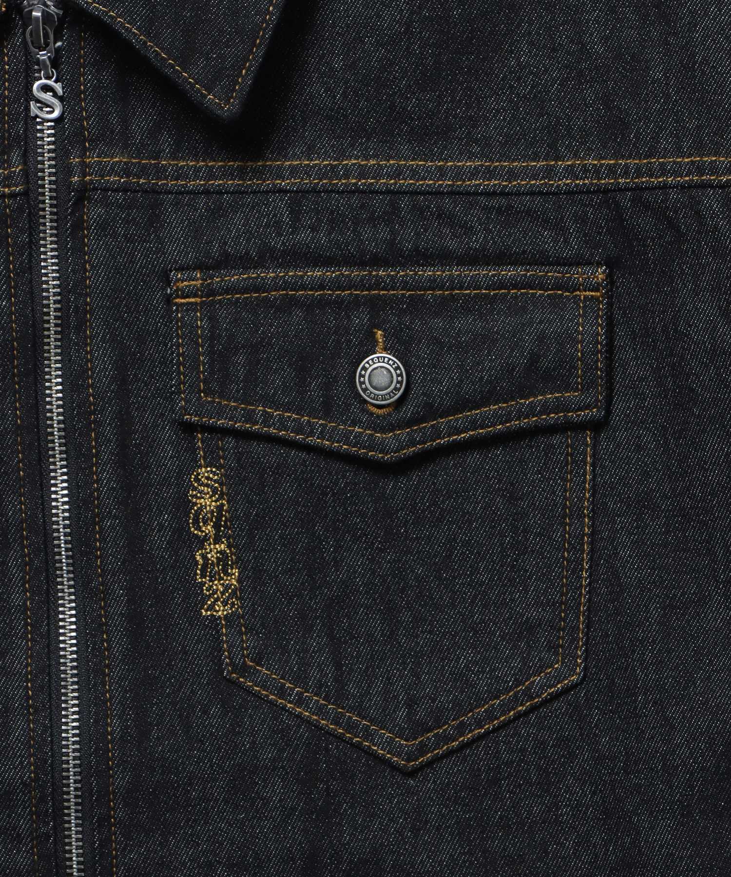sqnz double pocket zip denim / デニム リジッド ジャケット 刺繍 レザーパッチ ダブルジップ 短丈 ブラック