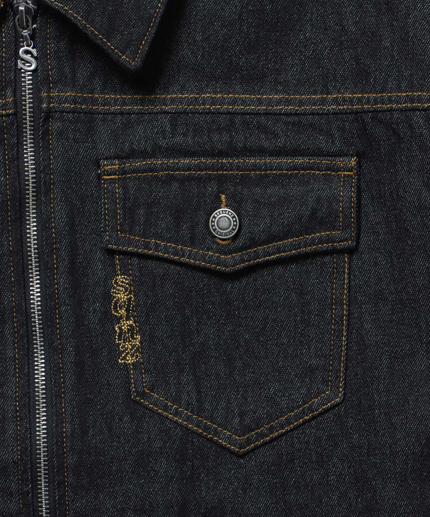 sqnz double pocket zip denim / デニム リジッド ジャケット 刺繍 レザーパッチ ダブルジップ 短丈 ブラック