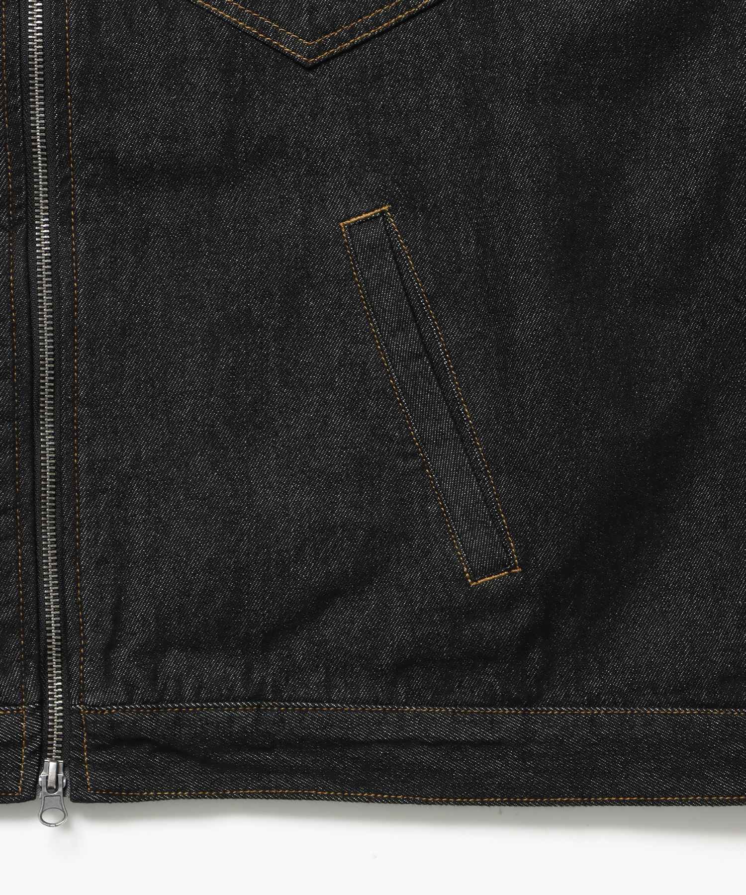 sqnz double pocket zip denim / デニム リジッド ジャケット 刺繍 レザーパッチ ダブルジップ 短丈 ブラック