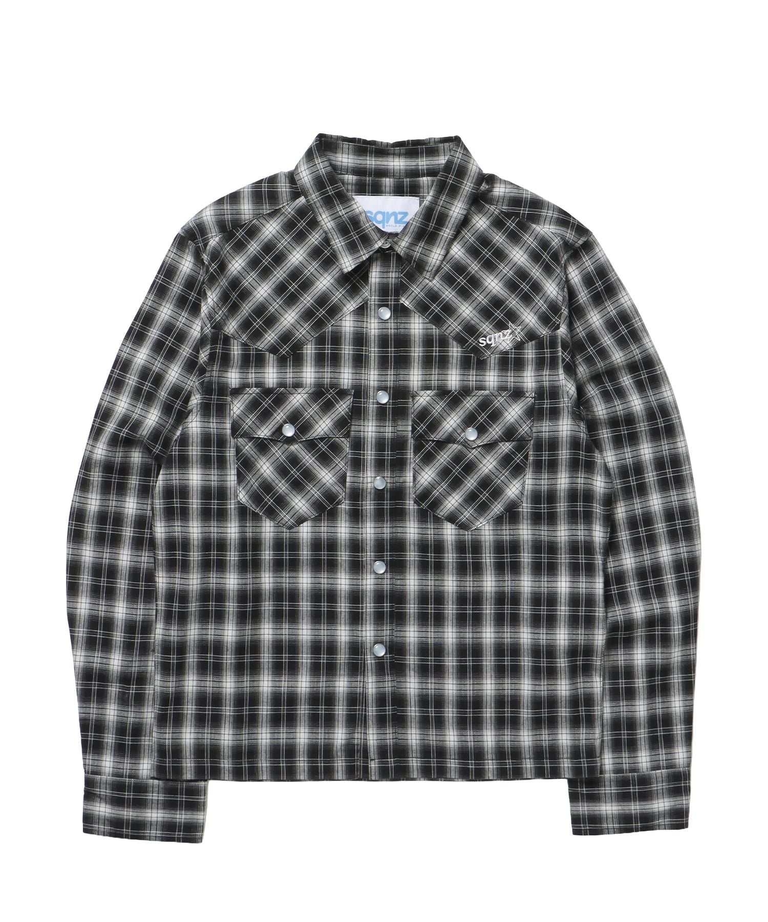 【sqnz(エスキュンズ)】ウエスタンチェックロングスリーブシャツ / シャツ チェック 刺繍 長袖 ボタン ポケット ウエスタン ブラック