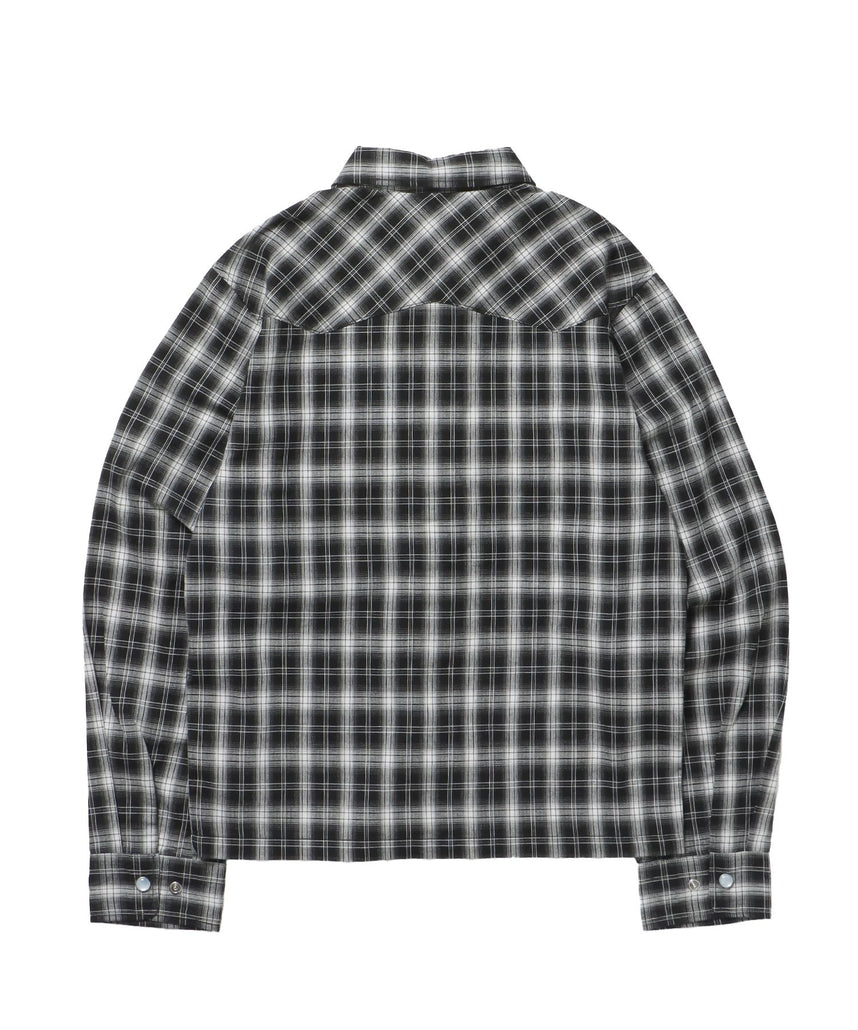 sqnz western l/s shirts / シャツ チェック 刺繍 長袖 ボタン ポケット ウエスタン 短丈 ブラック
