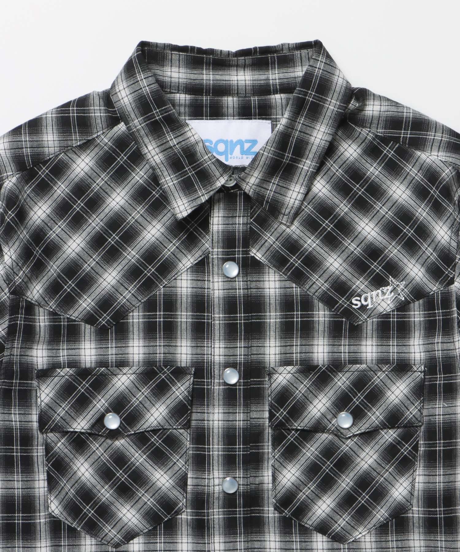 sqnz western l/s shirts / シャツ チェック 刺繍 長袖 ボタン ポケット ウエスタン 短丈 ブラック