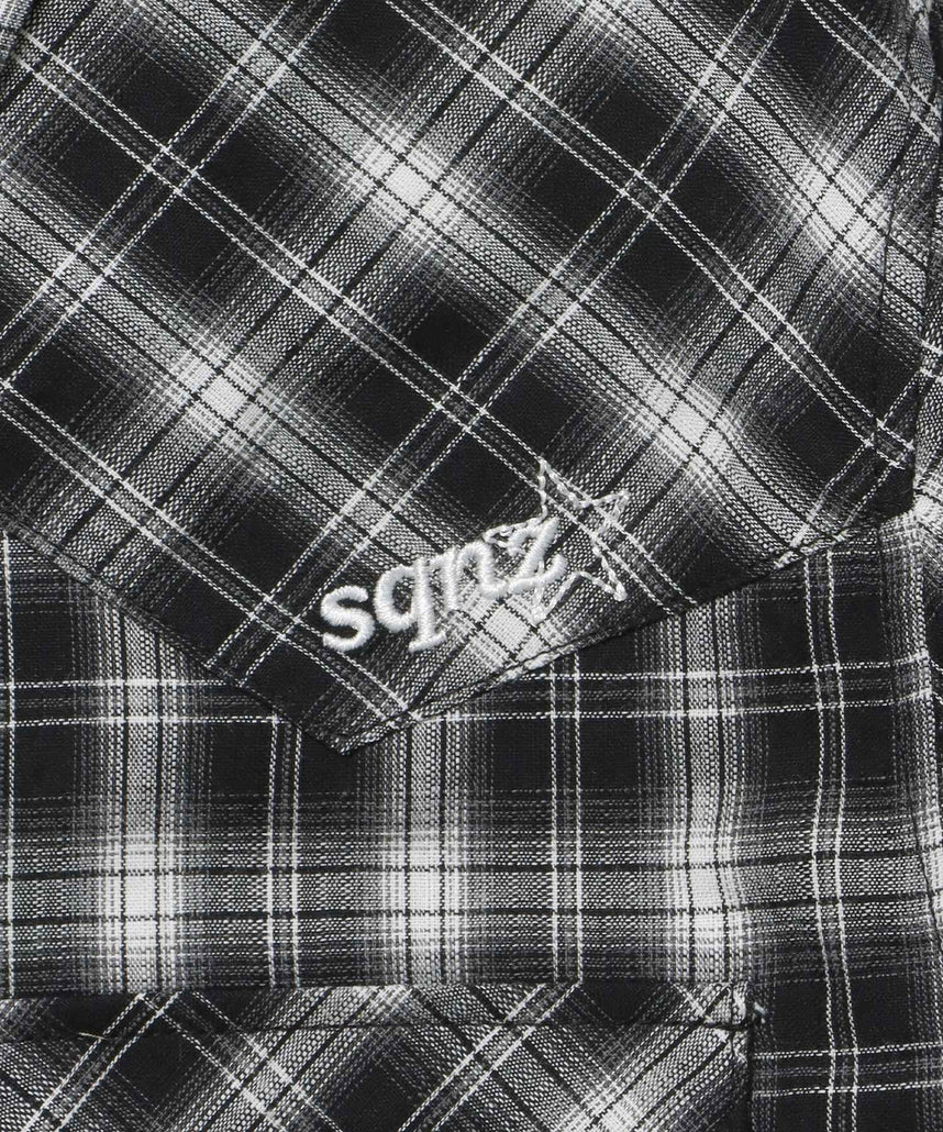 sqnz western l/s shirts / シャツ チェック 刺繍 長袖 ボタン ポケット ウエスタン 短丈 ブラック