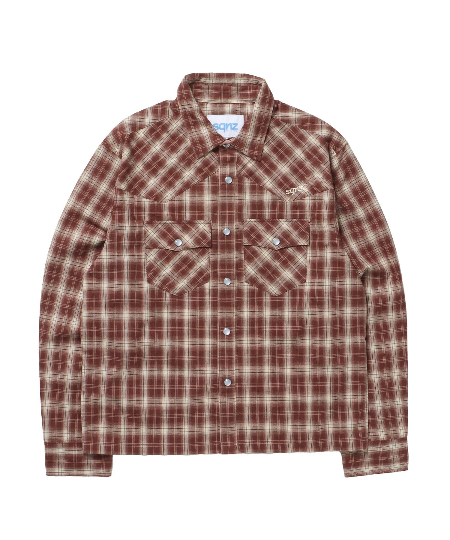 【sqnz(エスキュンズ)】ウエスタンチェックロングスリーブシャツ / シャツ チェック 刺繍 長袖 ボタン ポケット ウエスタン ブラウン