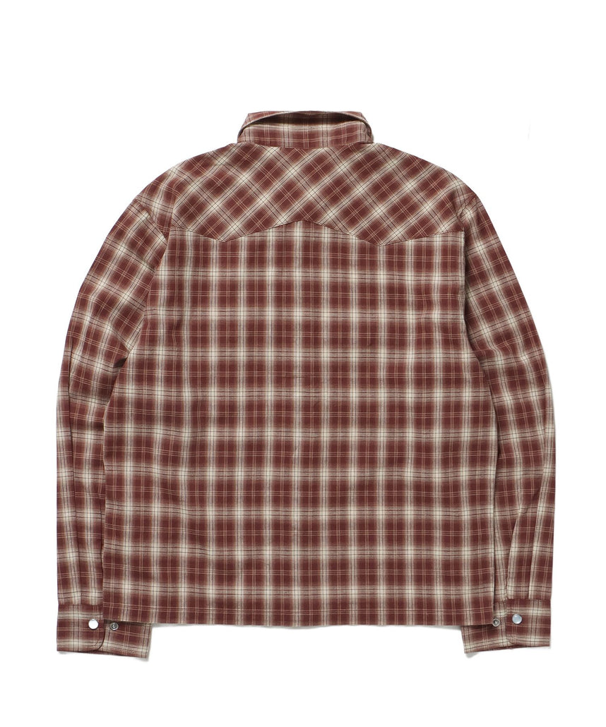 sqnz western l/s shirts / シャツ チェック 刺繍 長袖 ボタン ポケット ウエスタン 短丈 ブラウン