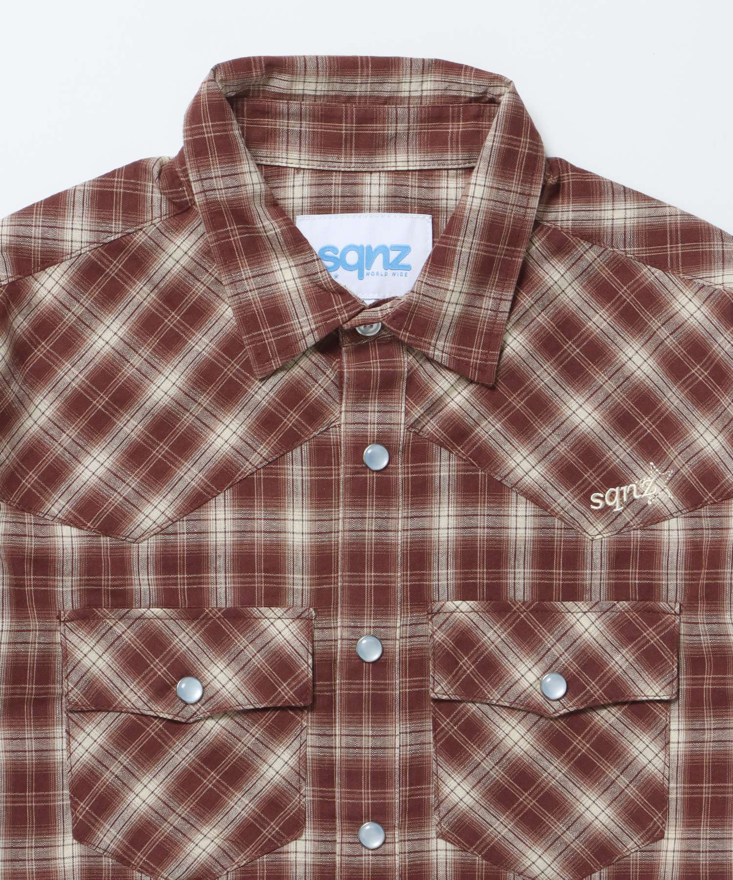 sqnz western l/s shirts / シャツ チェック 刺繍 長袖 ボタン ポケット ウエスタン 短丈 ブラウン