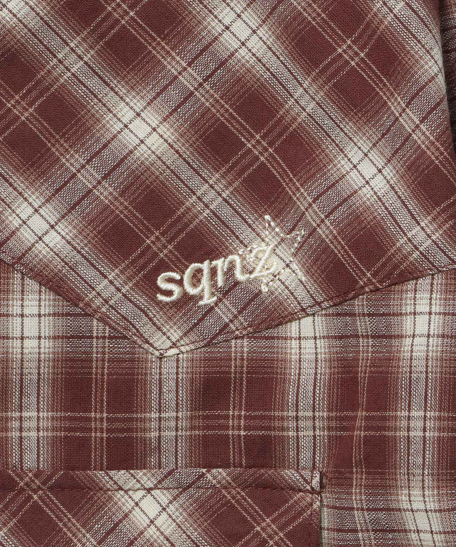sqnz western l/s shirts / シャツ チェック 刺繍 長袖 ボタン ポケット ウエスタン 短丈 ブラウン