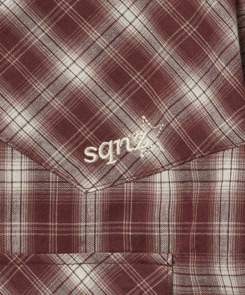 sqnz western l/s shirts / シャツ チェック 刺繍 長袖 ボタン ポケット ウエスタン 短丈 ブラウン