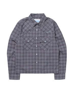 sqnz western l/s shirts / シャツ チェック 刺繍 長袖 ボタン ポケット ウエスタン 短丈 ネイビー