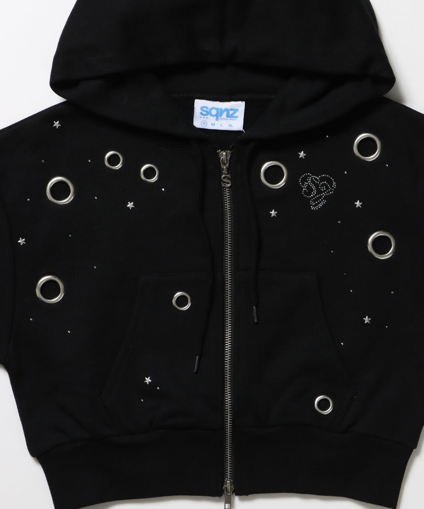sqnz rhinestone & eyelet zip p/k / ジップパーカー スタッズ ハトメ ラインストーン フーディ 短丈 裏毛 【セットアップ着用可能】 ブラック