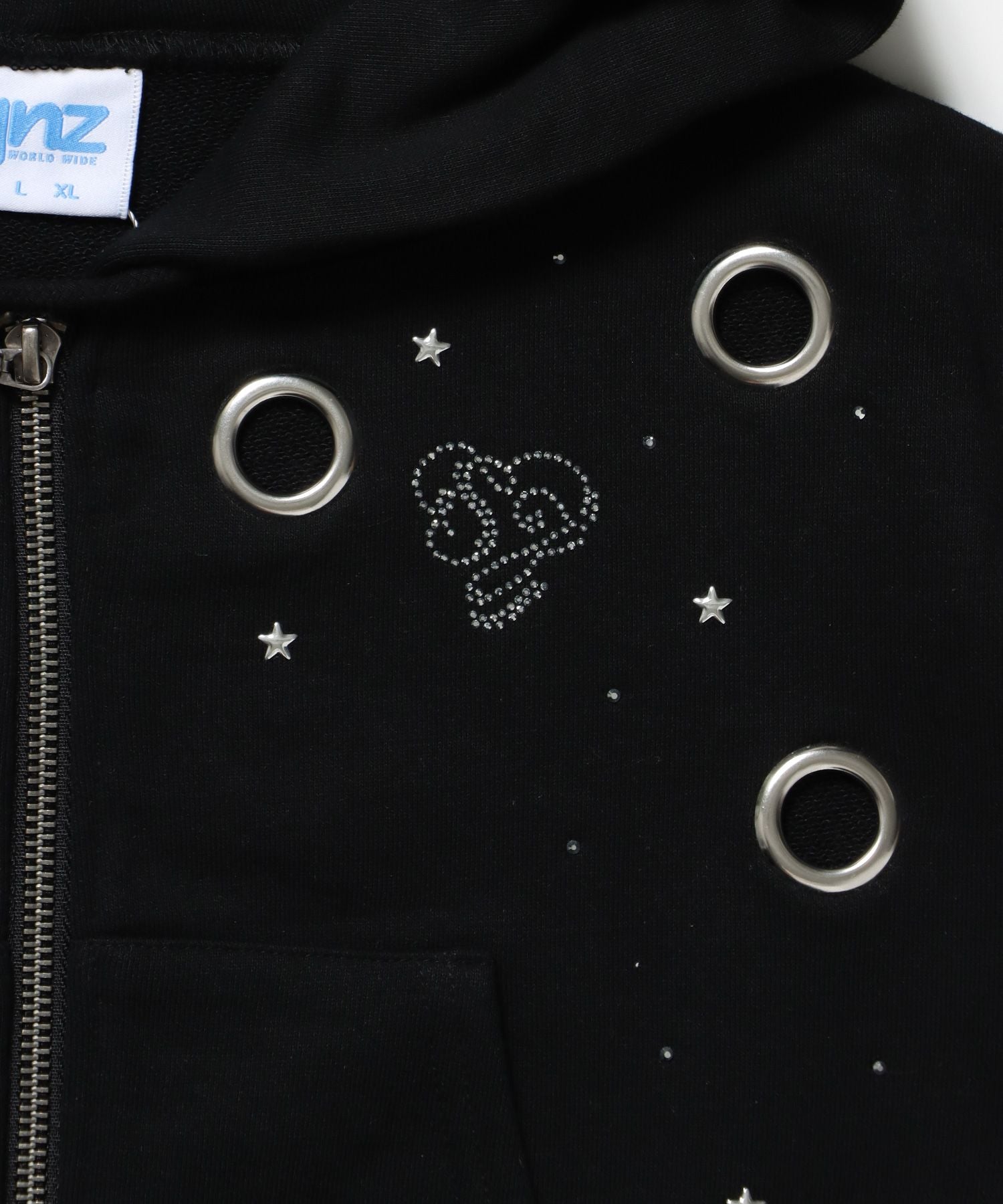sqnz rhinestone & eyelet zip p/k / ジップパーカー スタッズ ハトメ ラインストーン フーディ 短丈 裏毛 【セットアップ着用可能】 ブラック