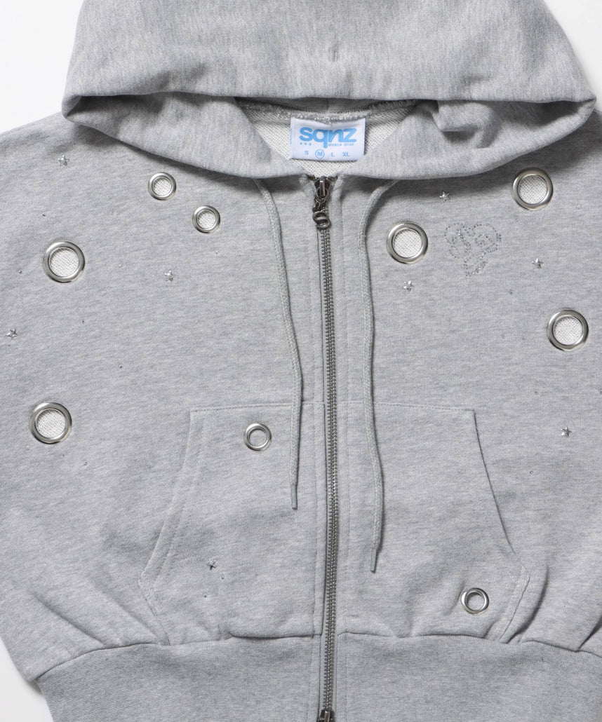 sqnz rhinestone & eyelet zip p/k / ジップパーカー スタッズ ハトメ ラインストーン フーディ 短丈 裏毛 【セットアップ着用可能】 グレー