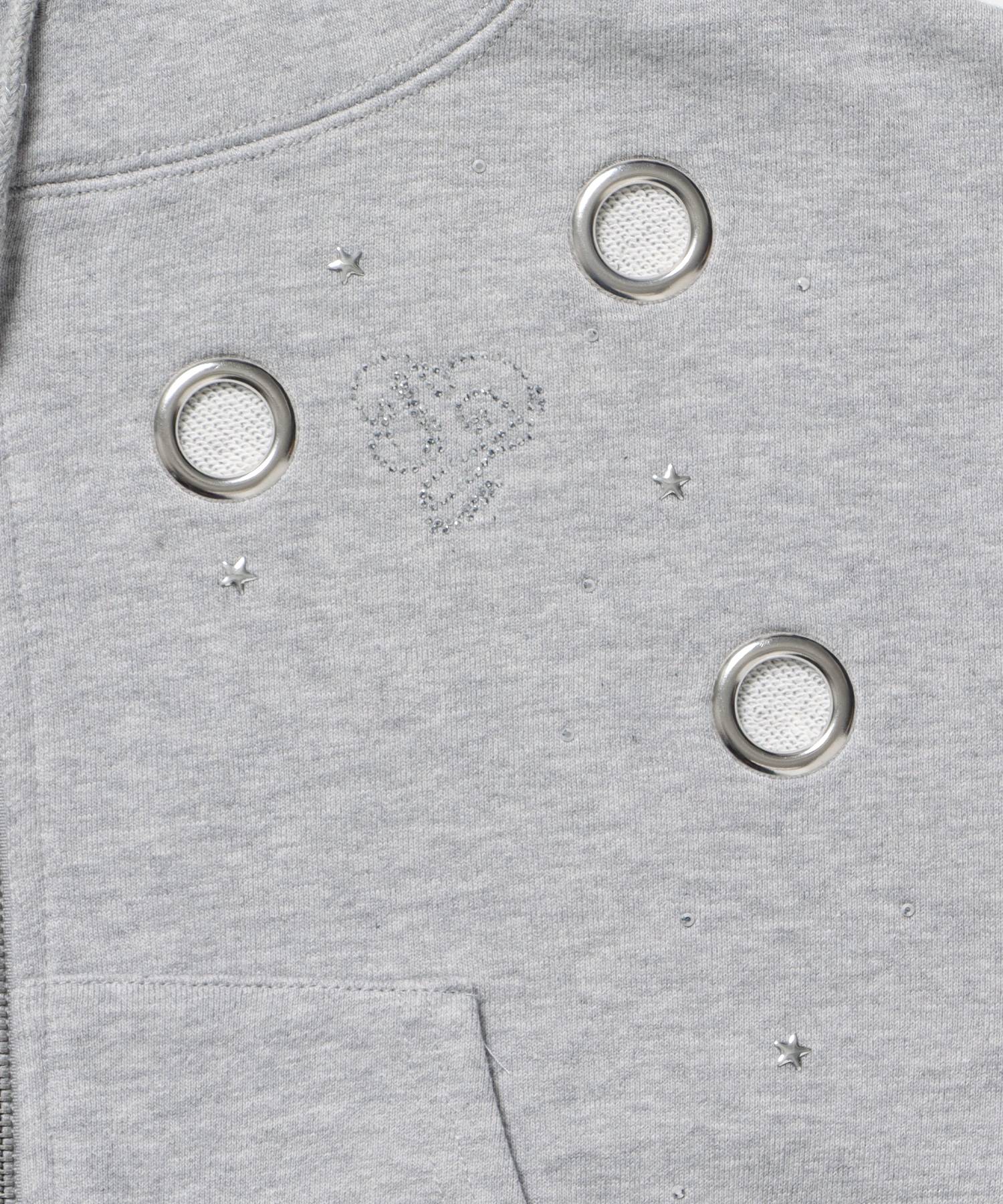 sqnz rhinestone & eyelet zip p/k / ジップパーカー スタッズ ハトメ ラインストーン フーディ 短丈 裏毛 【セットアップ着用可能】 グレー