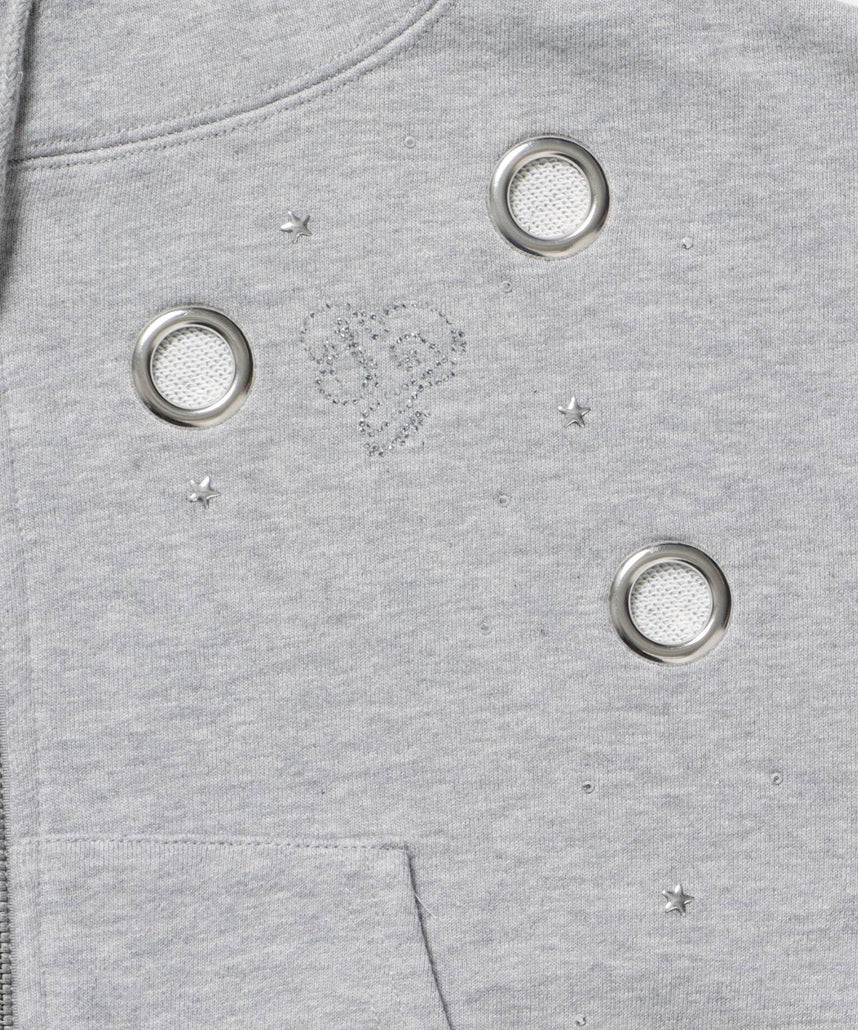 sqnz rhinestone & eyelet zip p/k / ジップパーカー スタッズ ハトメ ラインストーン フーディ 短丈 裏毛 【セットアップ着用可能】 グレー