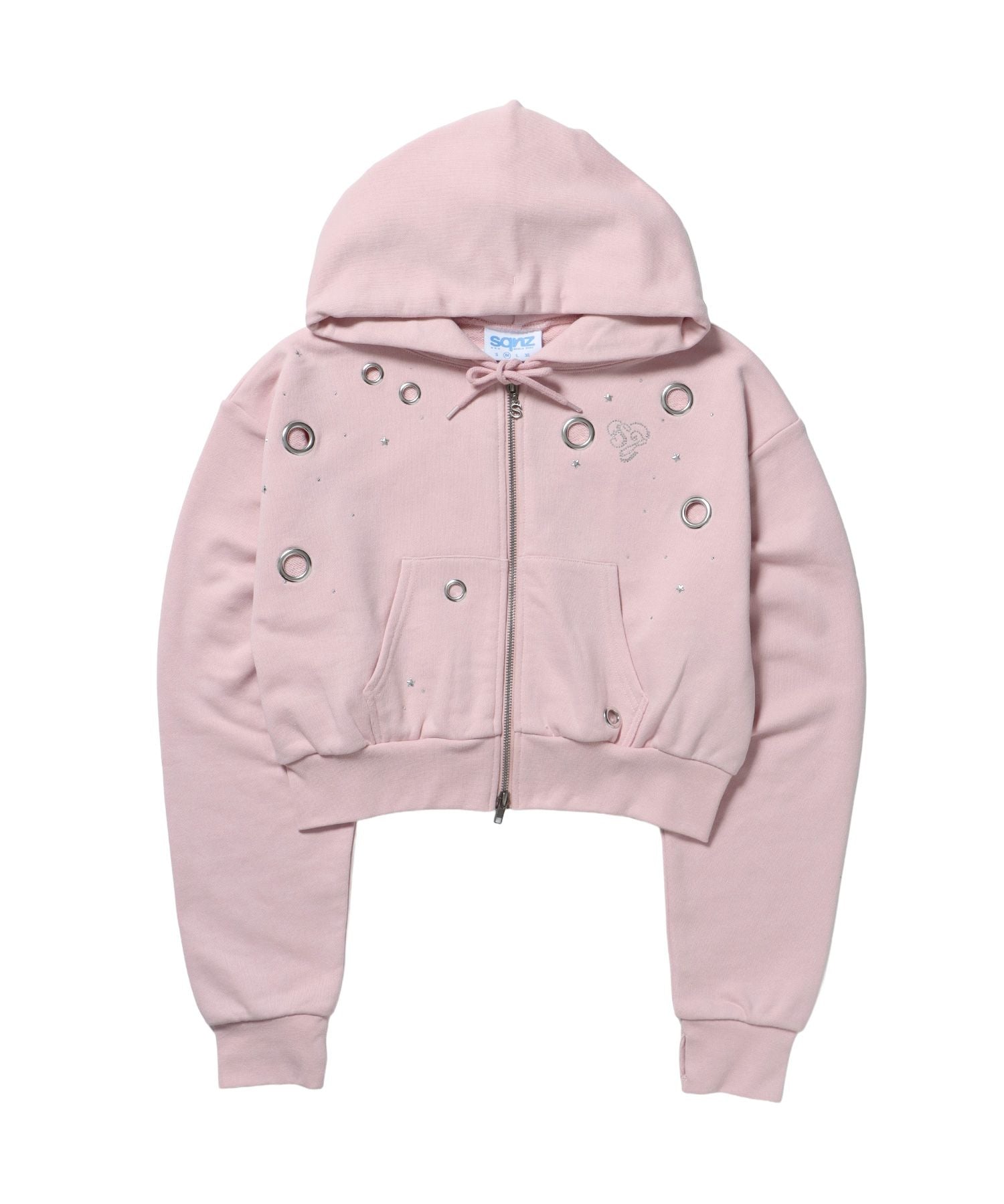 【sqnz(エスキュンズ)】sqnz rhinestone & eyelet zip p/k / ジップパーカー スタッズ ハトメ ラインストーン フーディ 短丈 裏毛 【セットアップ着用可能】 ライトピンク