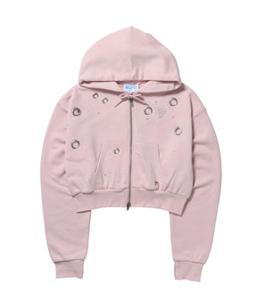 sqnz rhinestone & eyelet zip p/k / ジップパーカー スタッズ ハトメ ラインストーン フーディ 短丈 裏毛 【セットアップ着用可能】 ライトピンク