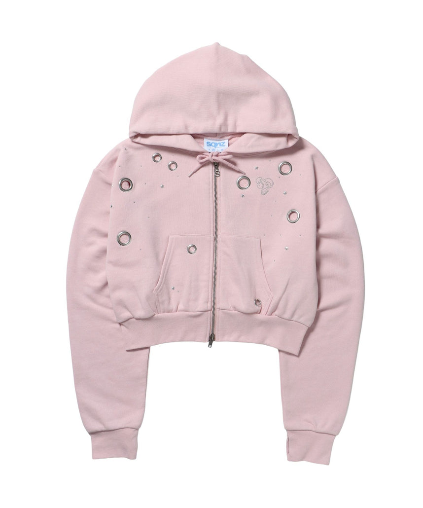 【sqnz(エスキュンズ)】sqnz rhinestone & eyelet zip p/k / ジップパーカー スタッズ ハトメ ラインストーン フーディ 短丈 裏毛 【セットアップ着用可能】 ライトピンク