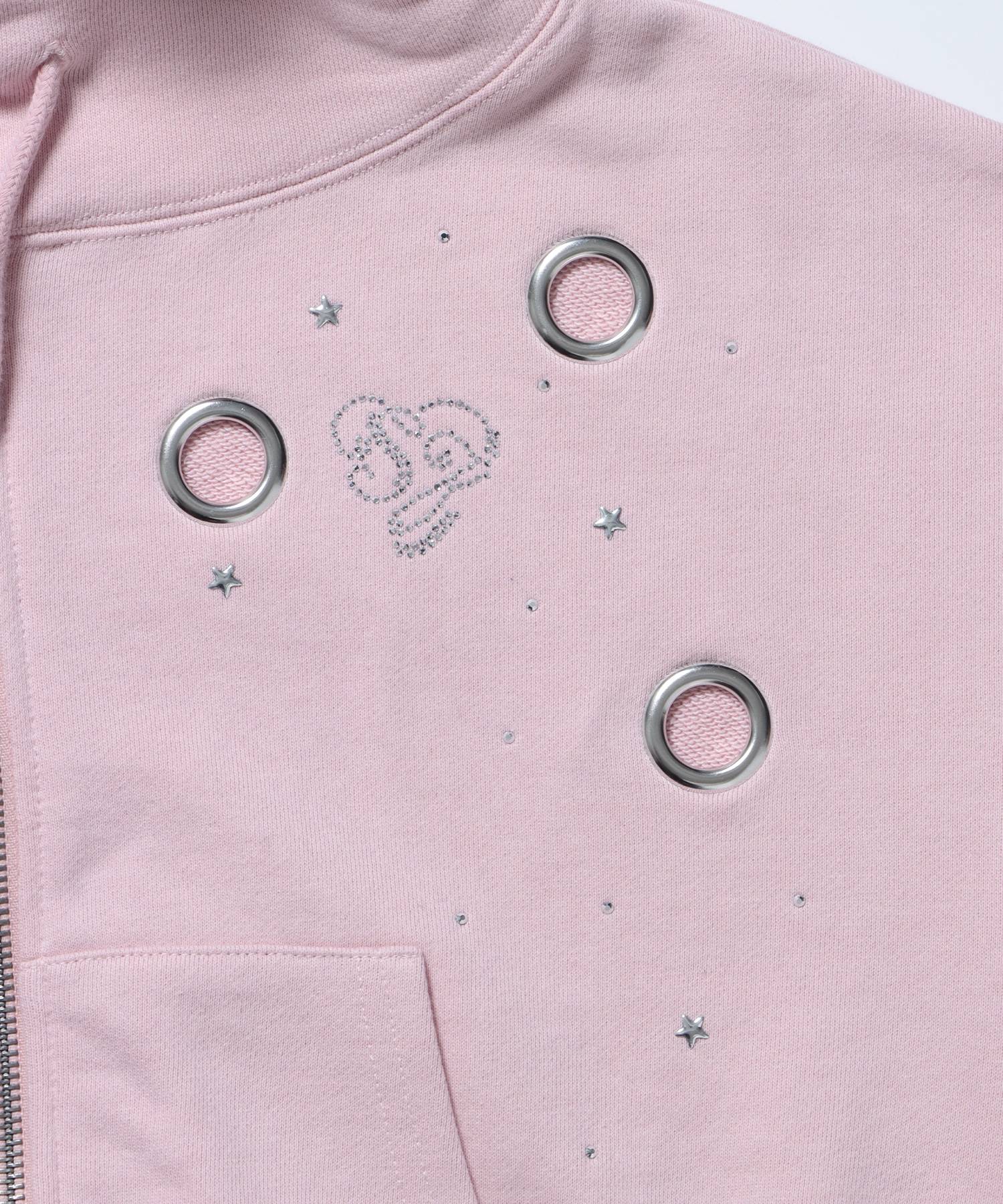 sqnz rhinestone & eyelet zip p/k / ジップパーカー スタッズ ハトメ ラインストーン フーディ 短丈 裏毛 【セットアップ着用可能】 ライトピンク