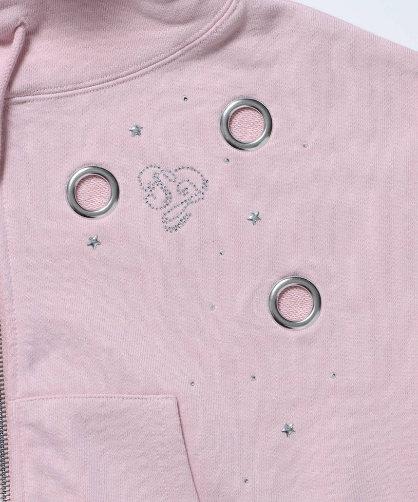sqnz rhinestone & eyelet zip p/k / ジップパーカー スタッズ ハトメ ラインストーン フーディ 短丈 裏毛 【セットアップ着用可能】 ライトピンク
