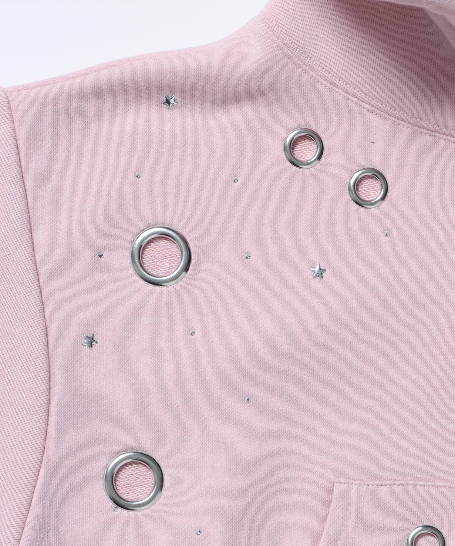 sqnz rhinestone & eyelet zip p/k / ジップパーカー スタッズ ハトメ ラインストーン フーディ 短丈 裏毛 【セットアップ着用可能】 ライトピンク