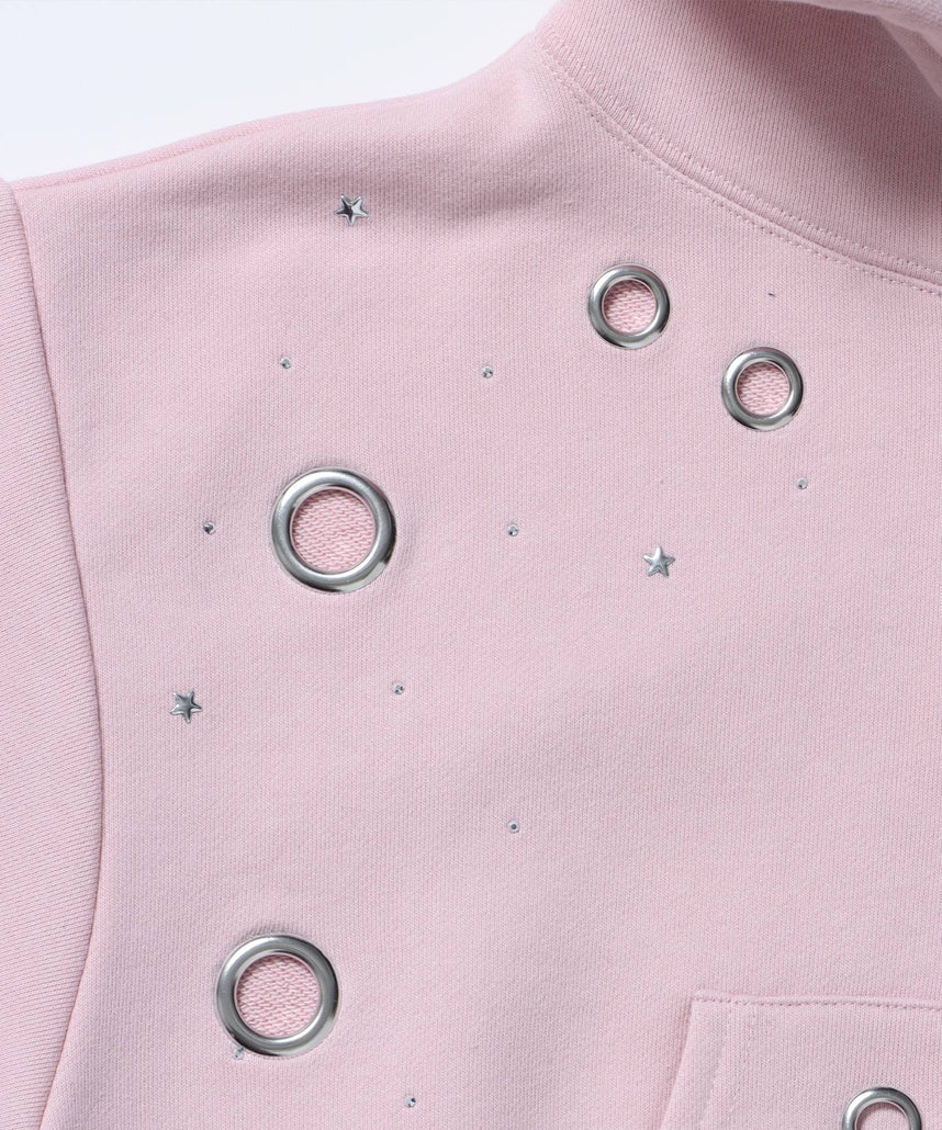 sqnz rhinestone & eyelet zip p/k / ジップパーカー スタッズ ハトメ ラインストーン フーディ 短丈 裏毛 【セットアップ着用可能】 ライトピンク