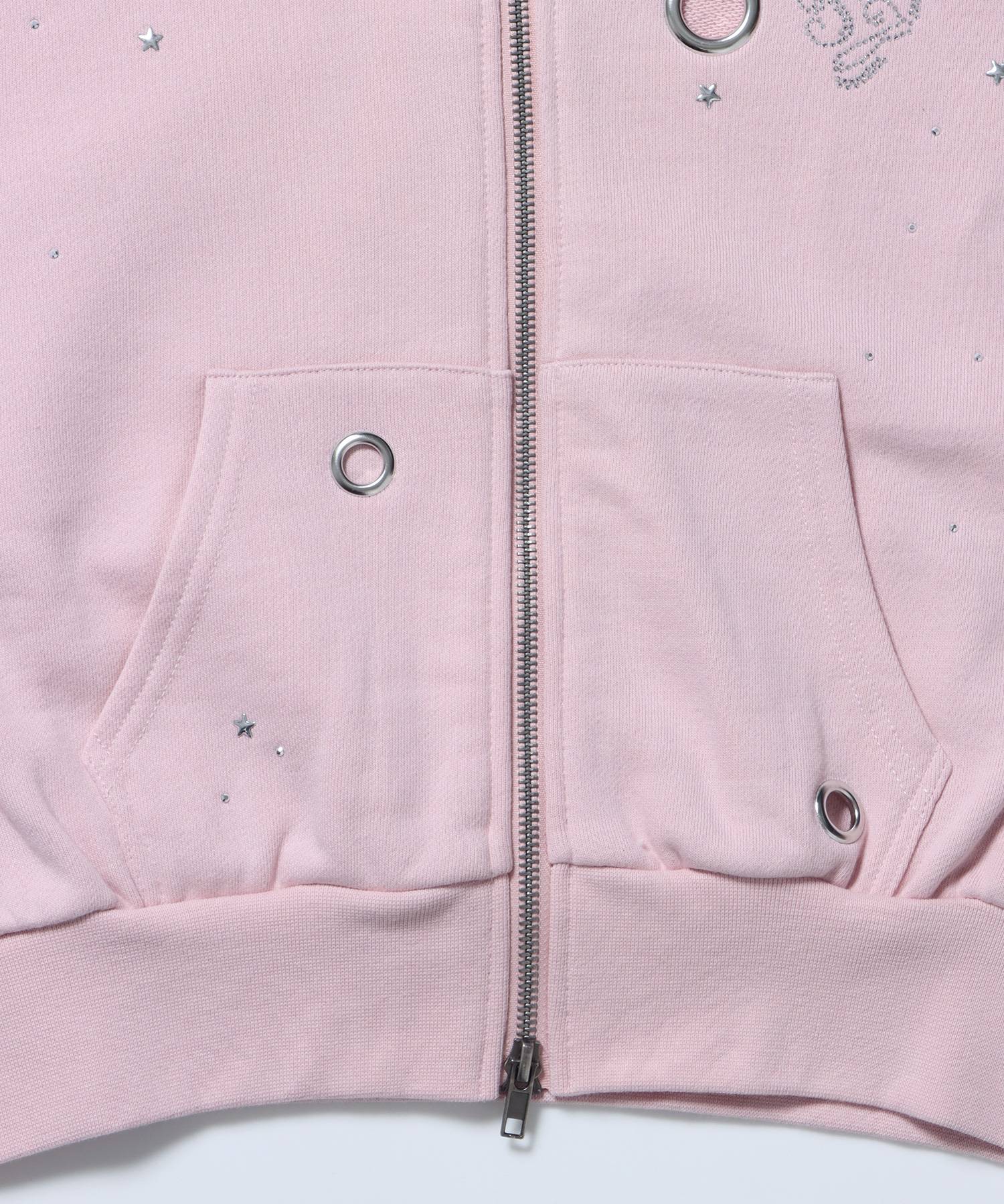 sqnz rhinestone & eyelet zip p/k / ジップパーカー スタッズ ハトメ ラインストーン フーディ 短丈 裏毛 【セットアップ着用可能】 ライトピンク