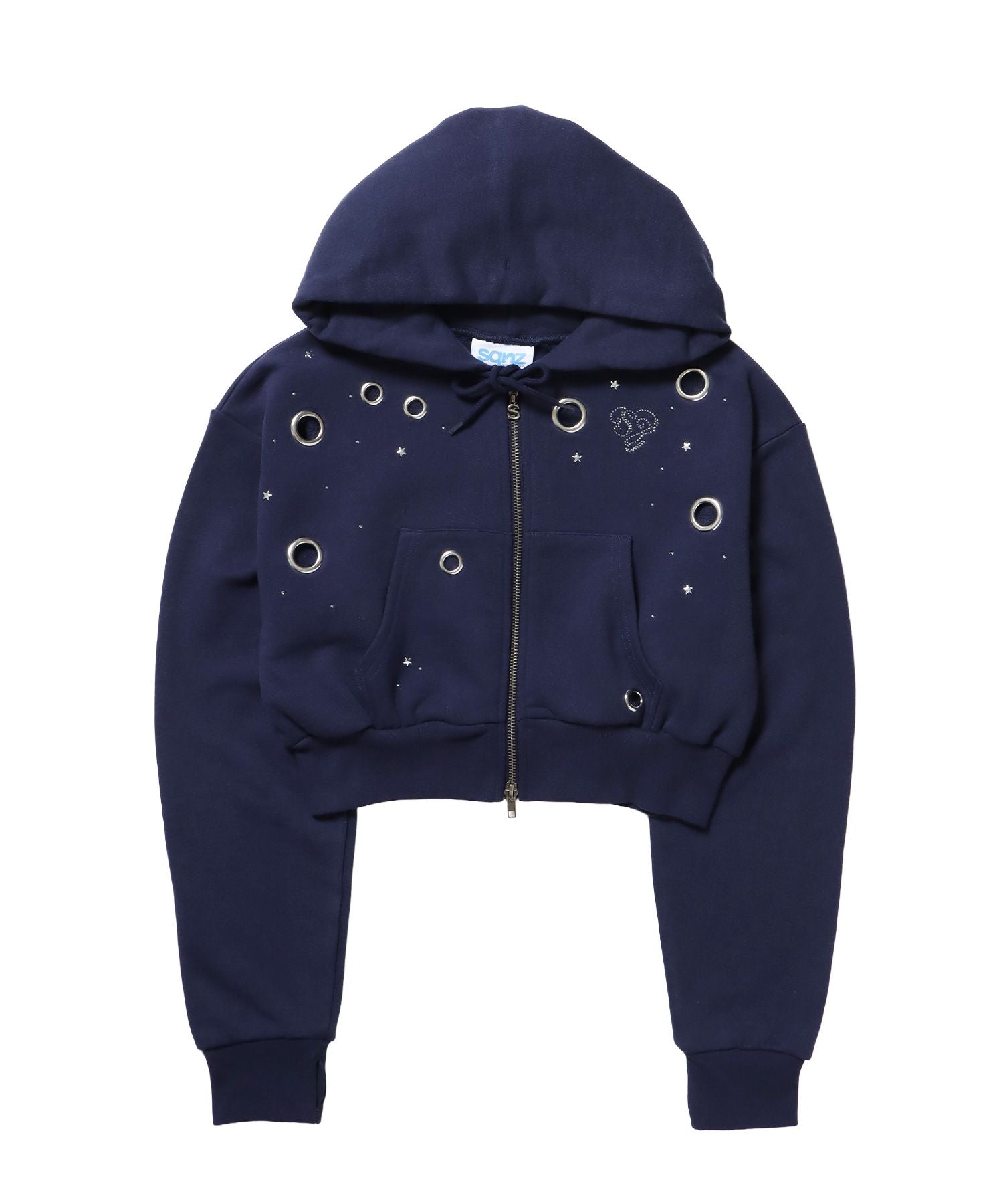 【sqnz(エスキュンズ)】sqnz rhinestone & eyelet zip p/k / ジップパーカー スタッズ ハトメ ラインストーン フーディ 短丈 裏毛 【セットアップ着用可能】 ダークネイビー