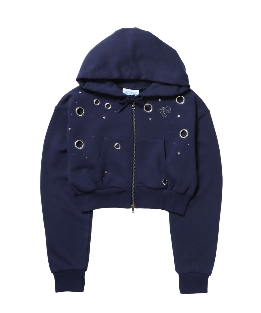 【sqnz(エスキュンズ)】sqnz rhinestone & eyelet zip p/k / ジップパーカー スタッズ ハトメ ラインストーン フーディ 短丈 裏毛 【セットアップ着用可能】 ダークネイビー