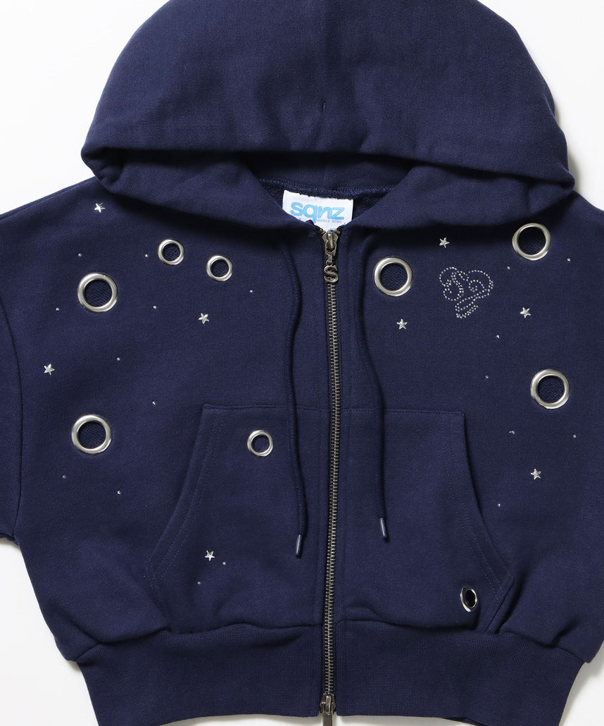 sqnz rhinestone & eyelet zip p/k / ジップパーカー スタッズ ハトメ ラインストーン フーディ 短丈 裏毛 【セットアップ着用可能】 ダークネイビー