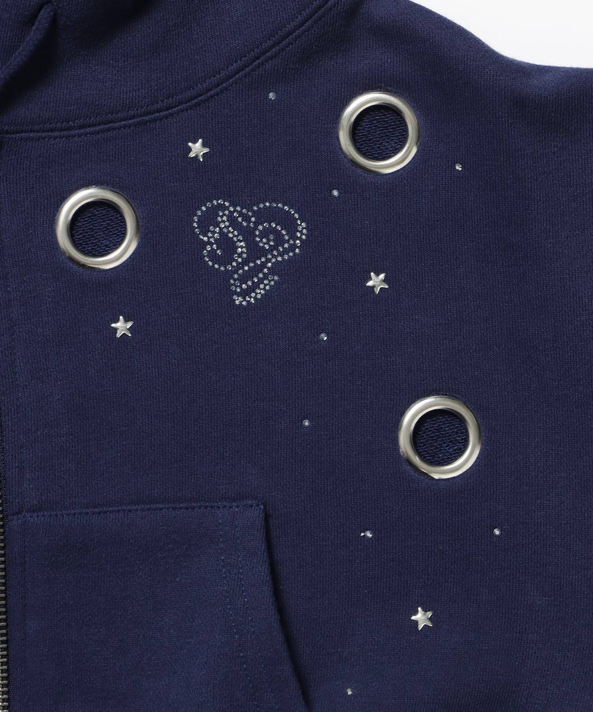 sqnz rhinestone & eyelet zip p/k / ジップパーカー スタッズ ハトメ ラインストーン フーディ 短丈 裏毛 【セットアップ着用可能】 ダークネイビー