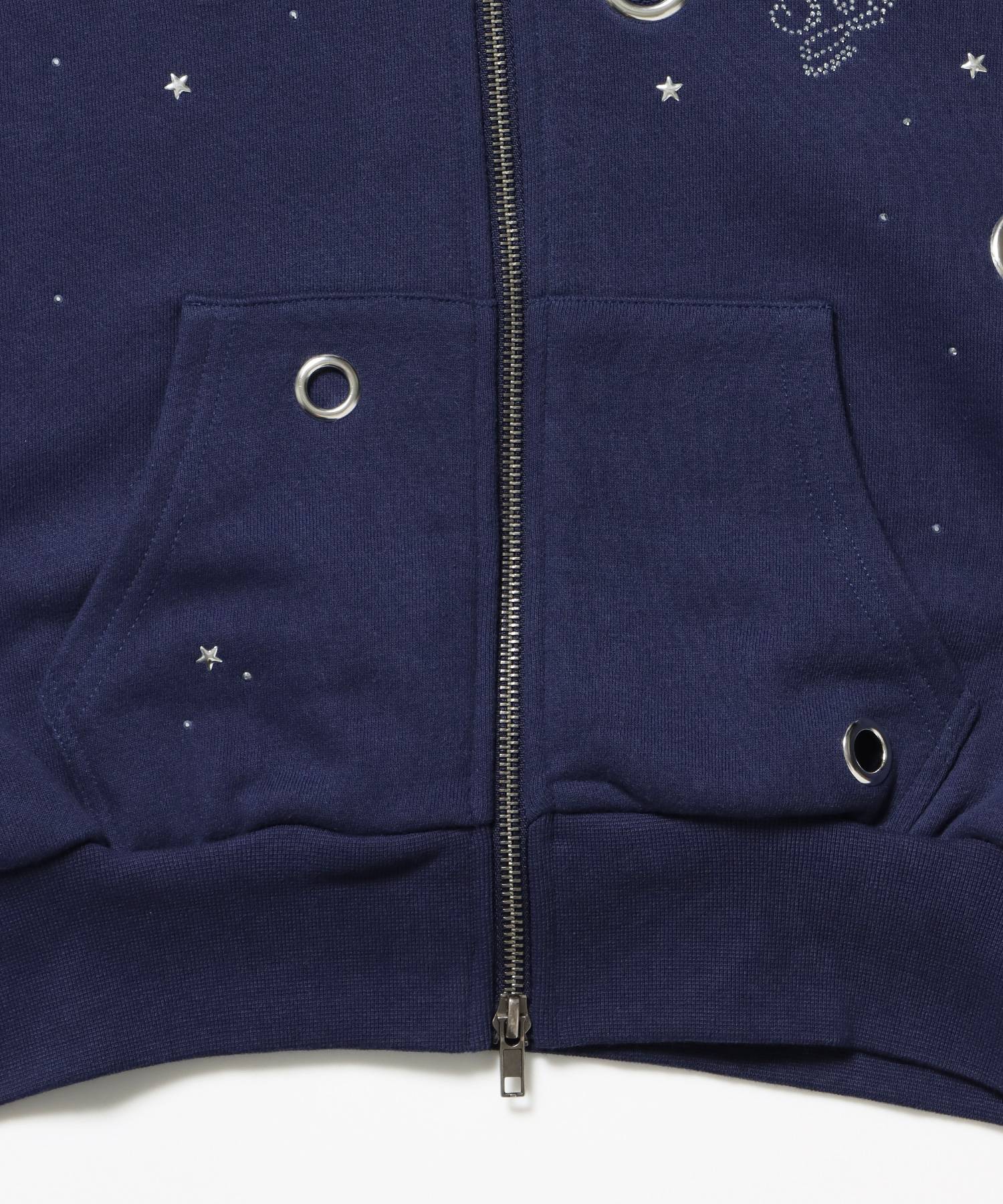 ※WEB限定 /短丈ラインストーンジップパーカー / sqnz rhinestone & eyelet zip p/k ダークネイビー