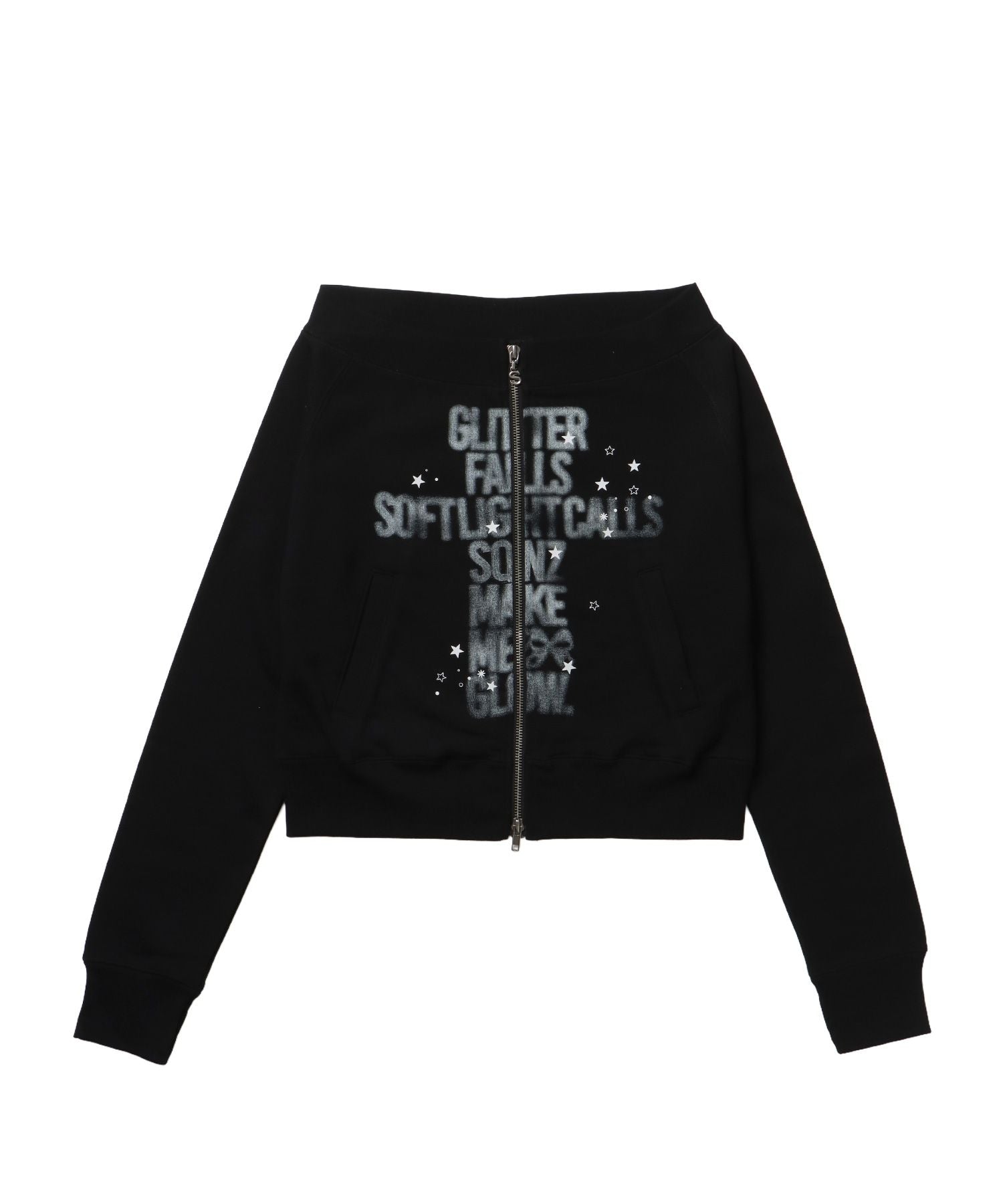 【sqnz(エスキュンズ)】sqnz off shoulder zip p/k / オフショルダー ダブルジップ スウェット 裏毛 ワンポイント サムホール プリント ブラック