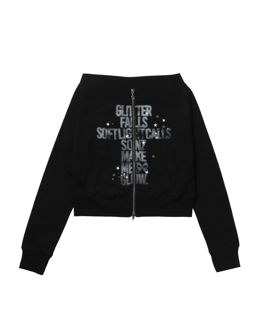 【sqnz(エスキュンズ)】sqnz off shoulder zip p/k / オフショルダー ダブルジップ スウェット 裏毛 ワンポイント サムホール プリント ブラック