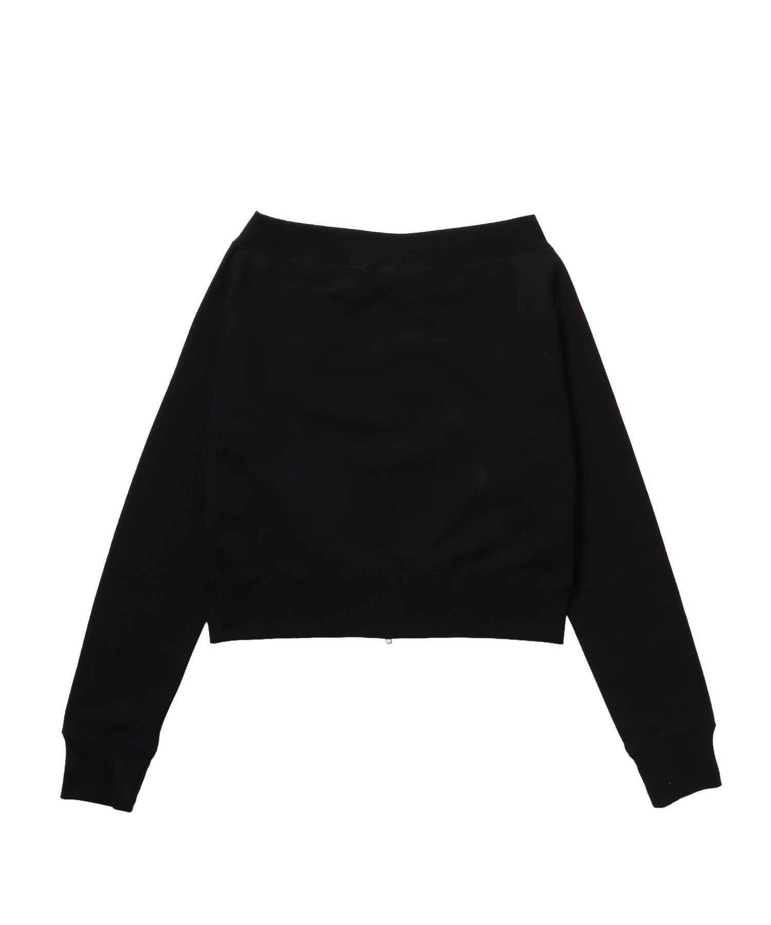 sqnz off shoulder zip p/k / オフショルダー ダブルジップ スウェット 裏毛 ワンポイント サムホール プリント ブラック