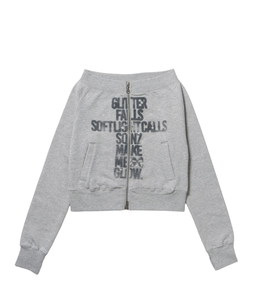 【sqnz(エスキュンズ)】sqnz off shoulder zip p/k / オフショルダー ダブルジップ スウェット 裏毛 ワンポイント サムホール プリント グレー
