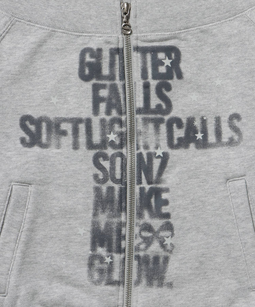 sqnz off shoulder zip p/k / オフショルダー ダブルジップ スウェット 裏毛 ワンポイント サムホール プリント グレー