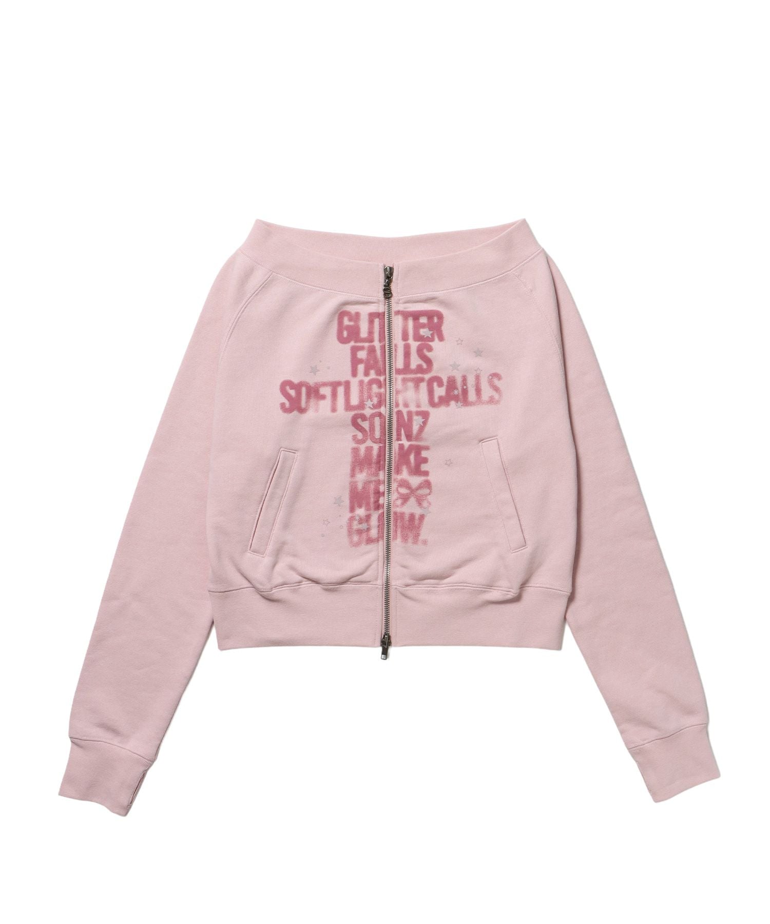 【sqnz(エスキュンズ)】sqnz off shoulder zip p/k / オフショルダー ダブルジップ スウェット 裏毛 ワンポイント サムホール プリント ライトピンク