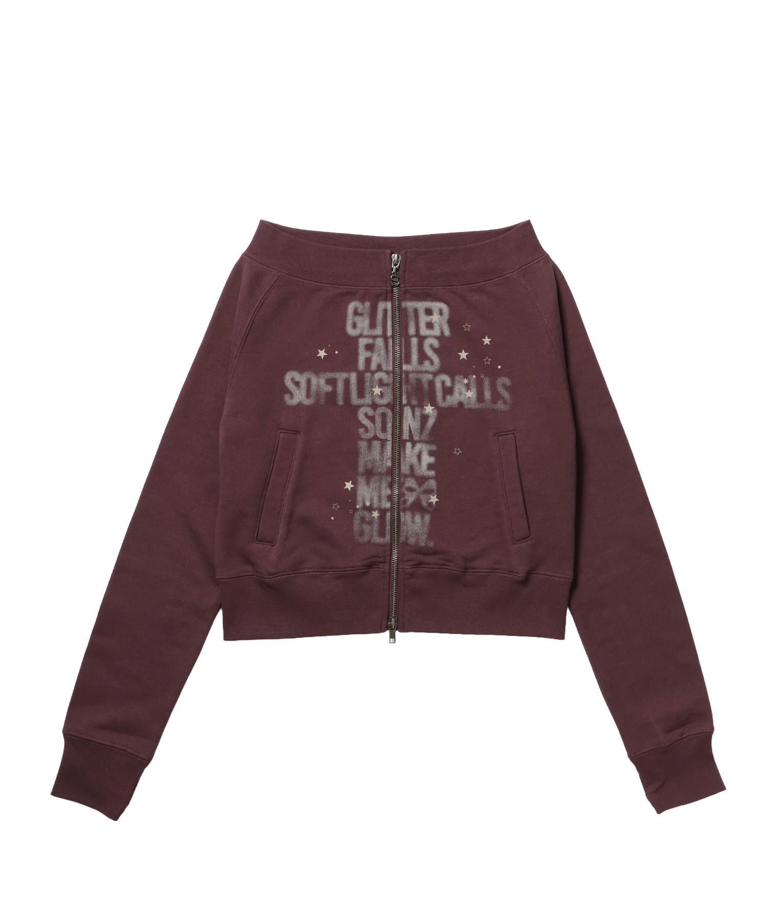 【sqnz(エスキュンズ)】sqnz off shoulder zip p/k / オフショルダー ダブルジップ スウェット 裏毛 ワンポイント サムホール プリント モカ