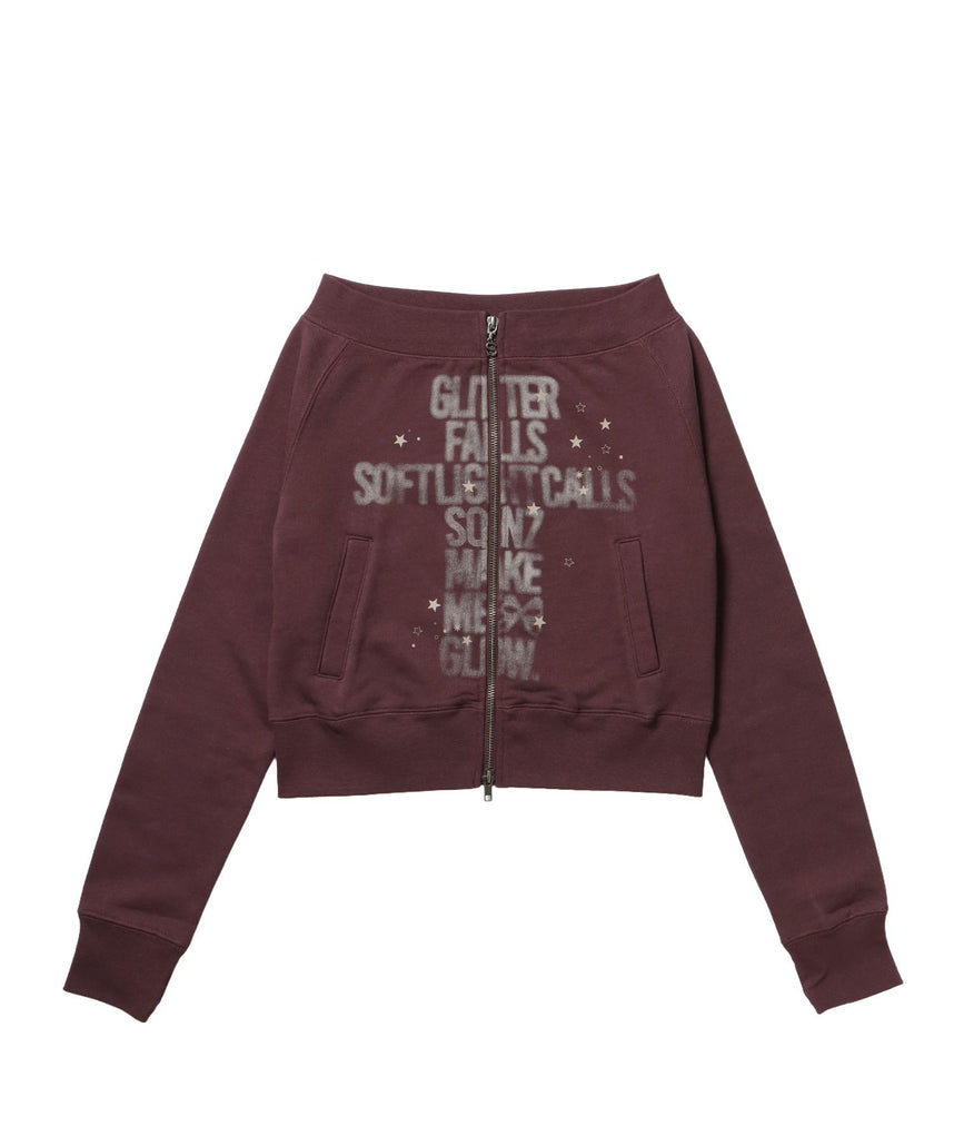 【sqnz(エスキュンズ)】sqnz off shoulder zip p/k / オフショルダー ダブルジップ スウェット 裏毛 ワンポイント サムホール プリント モカ