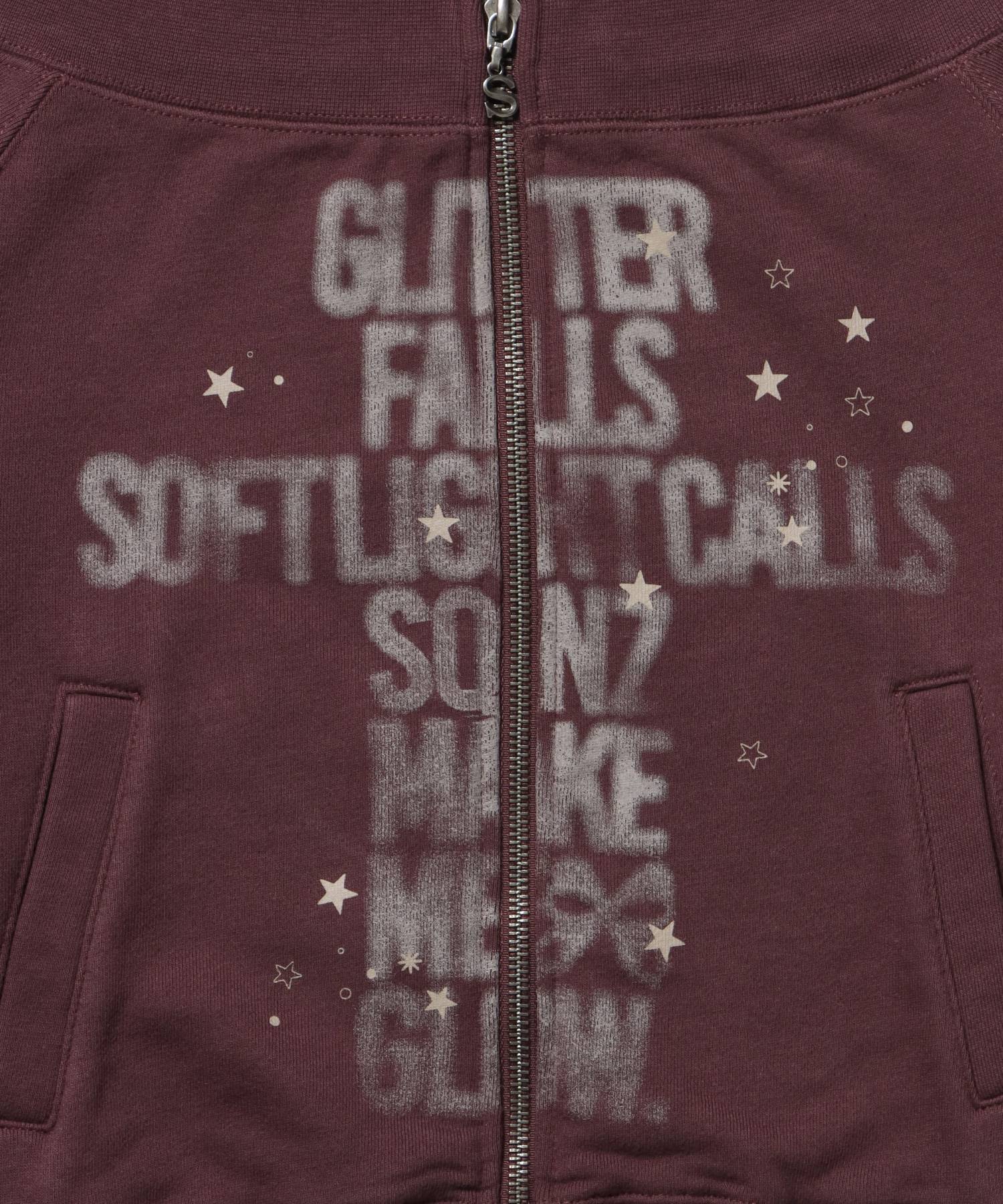 sqnz off shoulder zip p/k / オフショルダー ダブルジップ スウェット 裏毛 ワンポイント サムホール プリント モカ