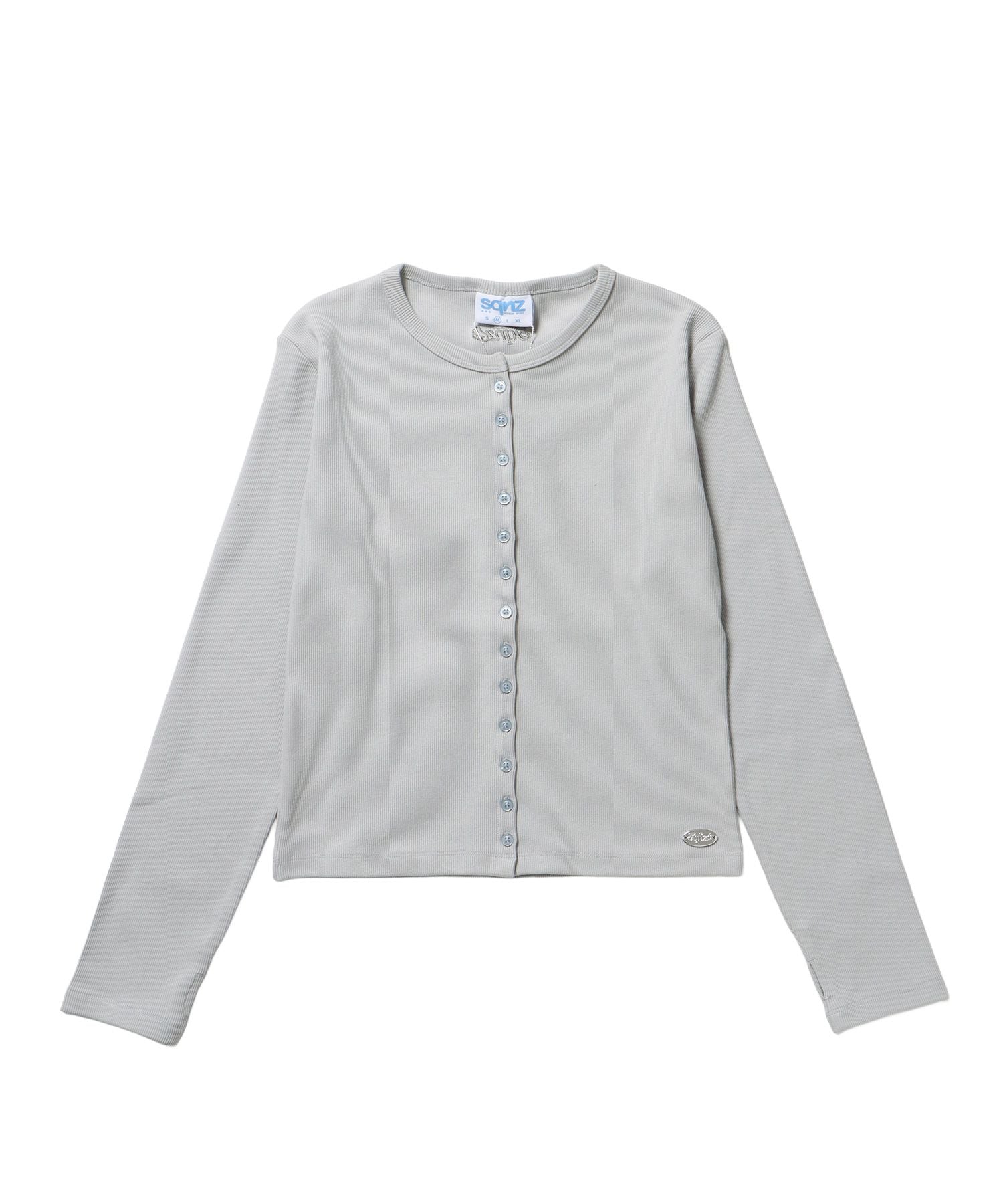 【sqnz(エスキュンズ)】sqnz fit cardigan / 長袖 刺繍 シルバープレート 加工 ボタン レイヤード 裏毛 ライトグレー