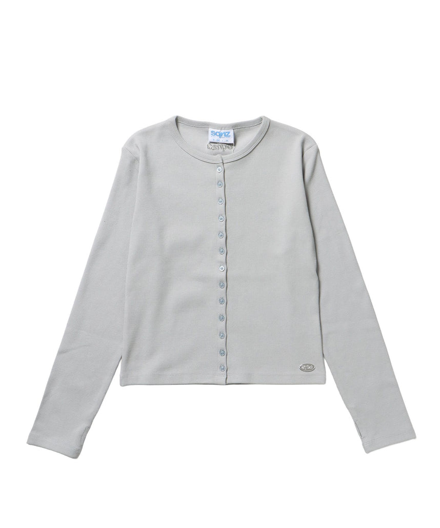 【sqnz(エスキュンズ)】sqnz fit cardigan / 長袖 刺繍 シルバープレート 加工 ボタン レイヤード 裏毛 ライトグレー