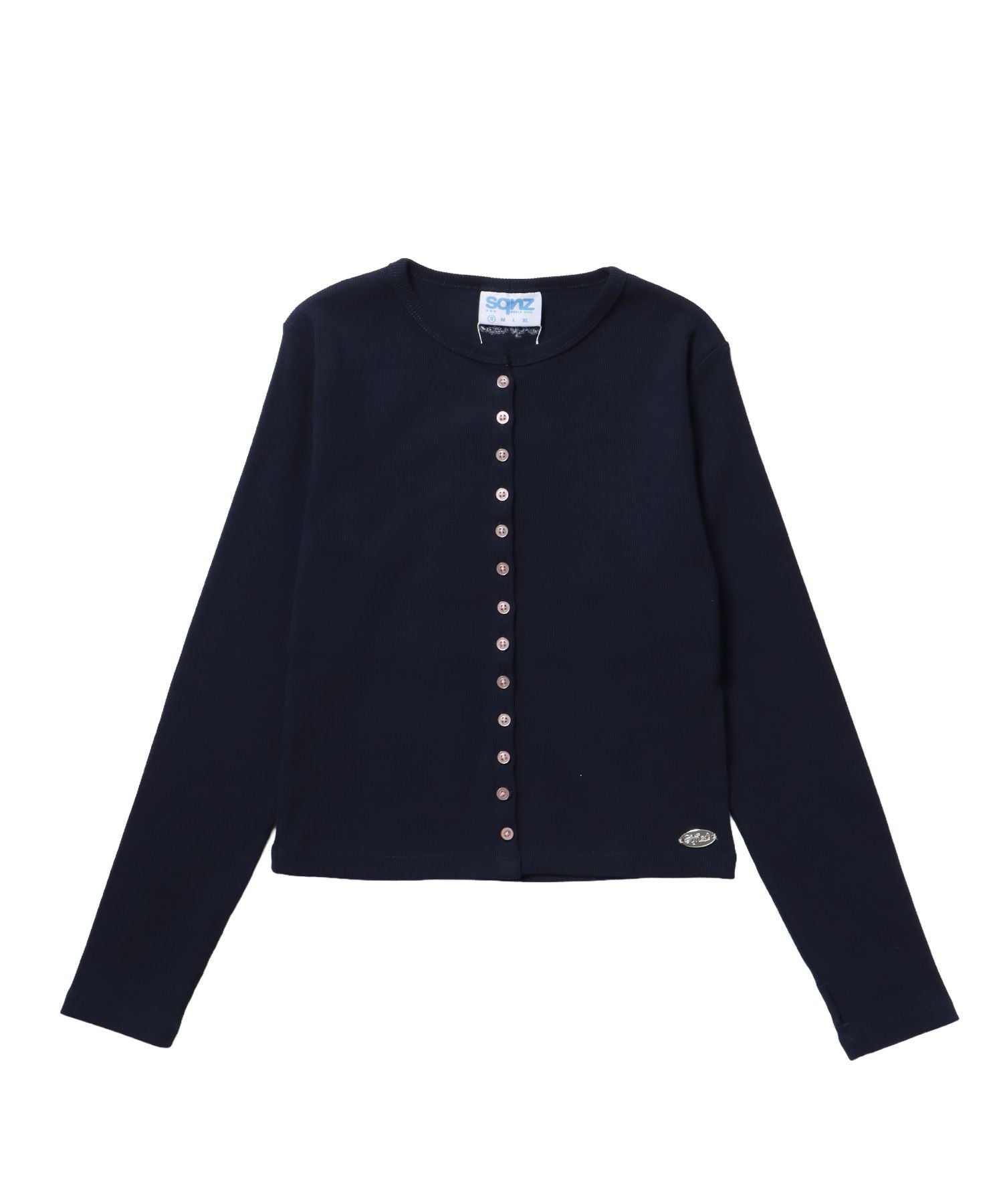 【sqnz(エスキュンズ)】sqnz fit cardigan / 長袖 刺繍 シルバープレート 加工 ボタン レイヤード 裏毛 ネイビー